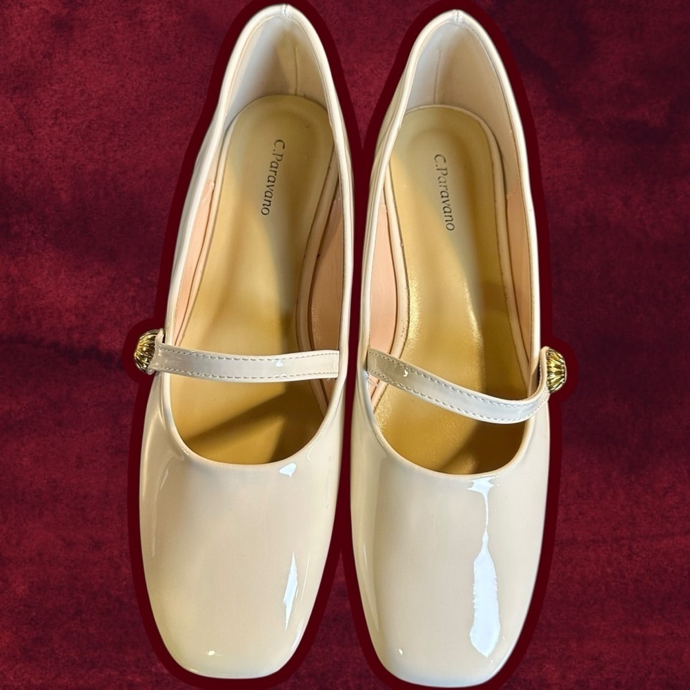 NWOT C. Paravano Cream Patent Square-Toe Mary Jane Flats with Gold Buttons Sz 41 - Picture 15 of 16